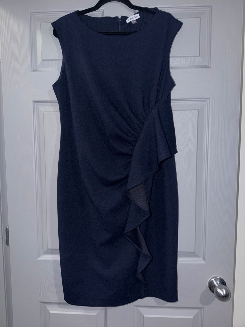 Calvin Klein Navy Sleeveless Ruffle Sheath Dress